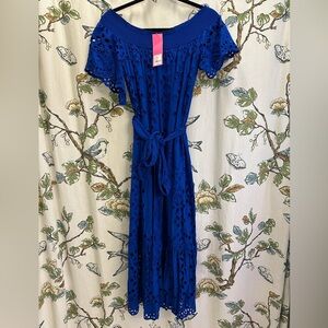 Lilly Pulitzer large Isbell off the shoulder blue grotto soirée eyelet midi
